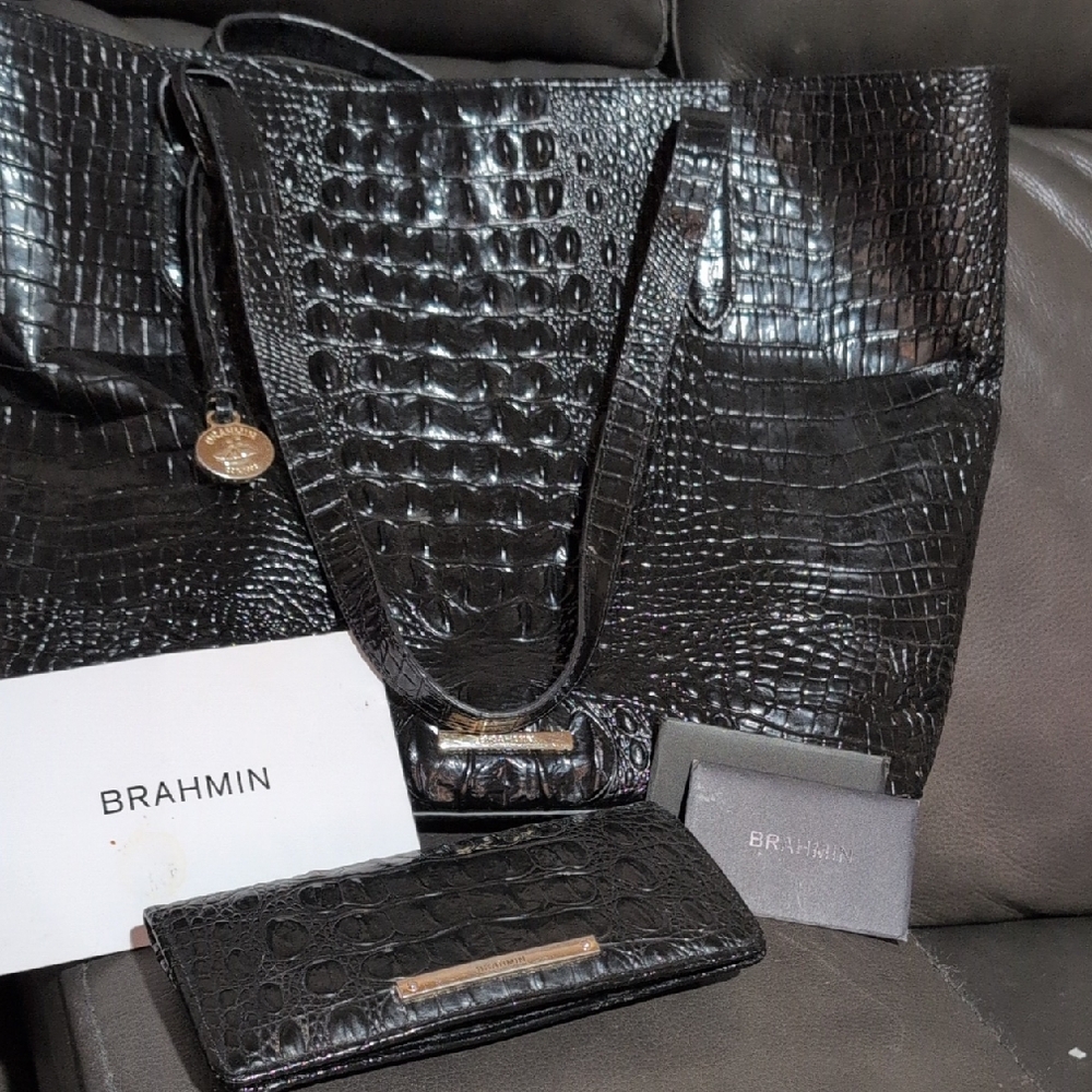 Brahmin Black Croc-Embossed Leather Tote with Matching Wallet